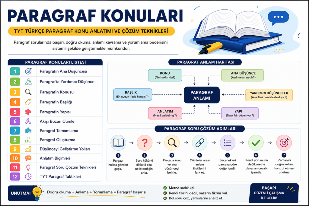 TYT Türkçe paragraf konuları, ana düşünce, yardımcı düşünce, konu, başlık ve paragraf çözüm tekniklerini anlatan çalışma görseli.