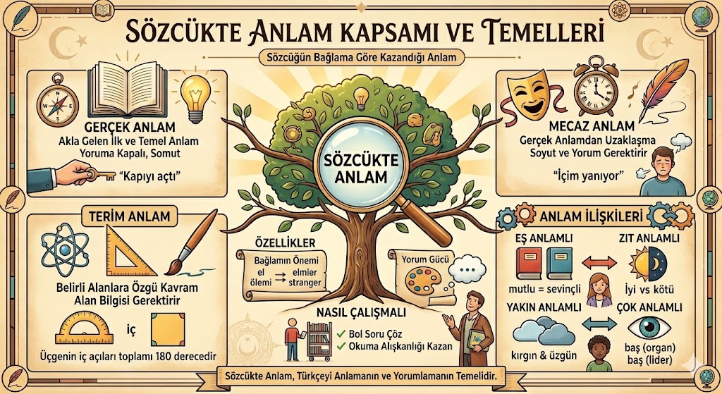 Sözcükte Anlam Kapsamı ve Temelleri konulu, Türkçe dersi için hazırlanmış eğitici infografik.