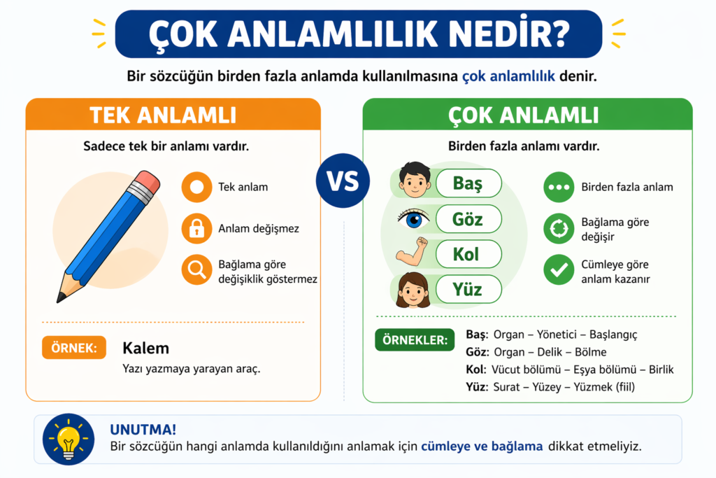 çok anlamlılık ve tek anlamlı kelimeler farkı