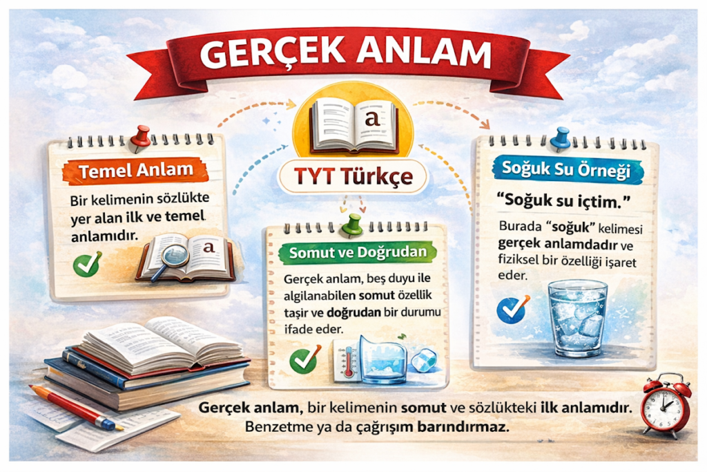 Gerçek anlam nedir TYT Türkçe sözcükte anlam konu anlatımı infografik