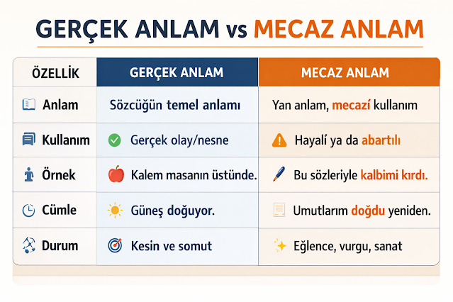 gercek anlam ve mecaz anlam farki tablo