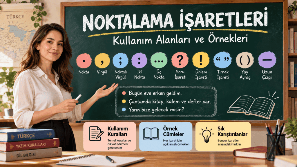 Noktalama işaretleri kullanım alanları ve örneklerini anlatan Türkçe ders görseli