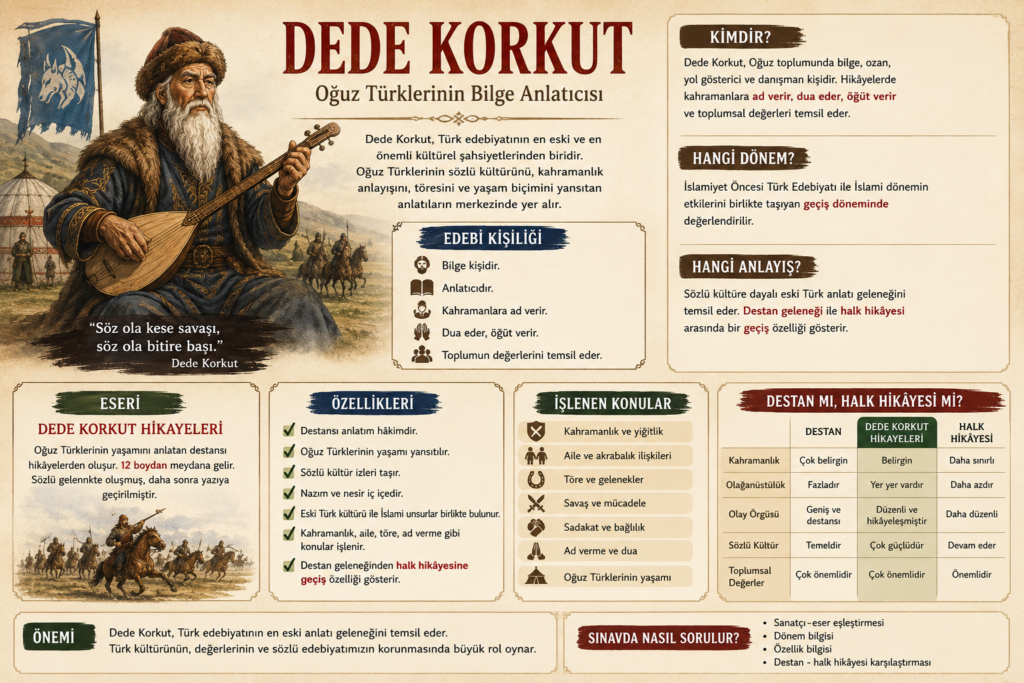 Oğuz Türklerinin bilge anlatıcısı Dede Korkut'u ve Dede Korkut Hikayeleri'nin özelliklerini gösteren edebi infografik