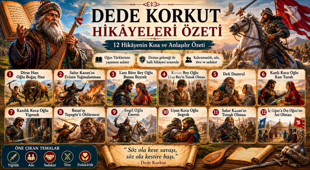 Dede Korkut Hikâyeleri özeti 12 hikâyenin kısa ve anlaşılır anlatımını gösteren görsel