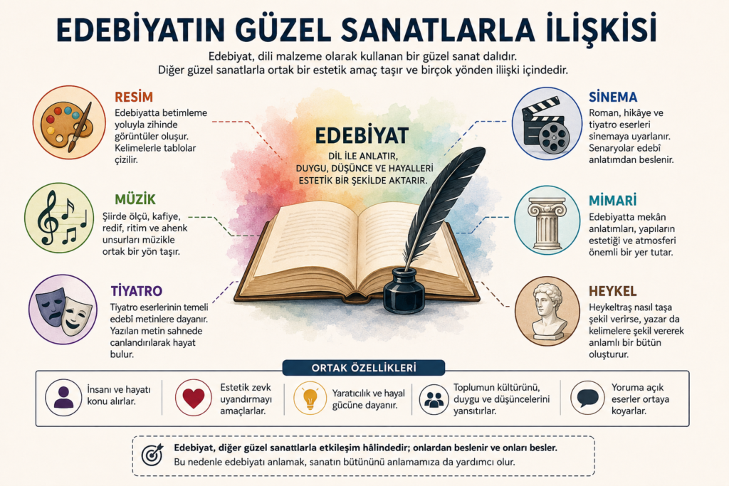 Edebiyatın güzel sanatlarla ilişkisini gösteren konu anlatım görseli