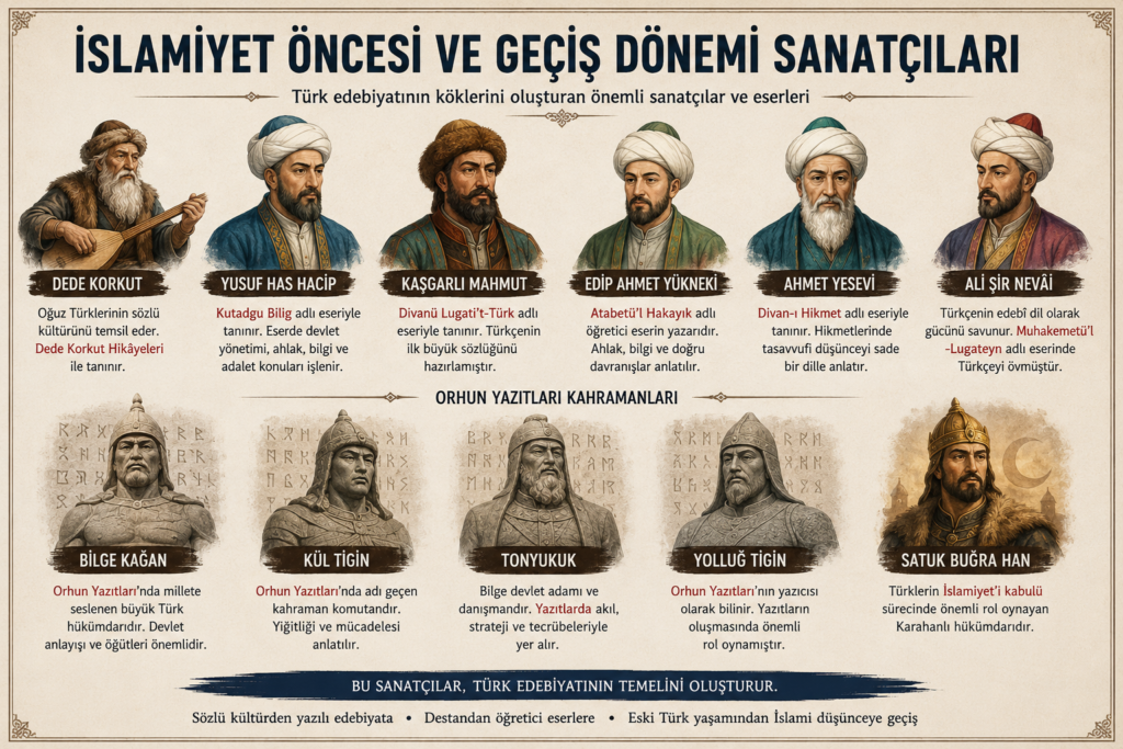 İslamiyet öncesi ve geçiş dönemi sanatçıları ile Orhun Yazıtları kahramanlarını gösteren resimli edebiyat infografiği.
