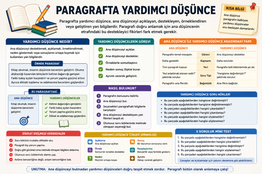 Paragrafta yardımcı düşünce konu anlatımı, örnekler ve TYT Türkçe soru çözüm teknikleri
