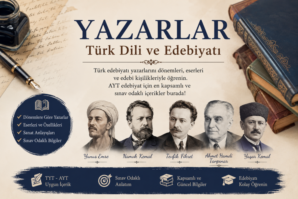 Türk edebiyatı yazarlarını dönemleri, eserleri ve edebi kişilikleriyle anlatan TYT ve AYT edebiyatı için hazırlanmış eğitim görseli.