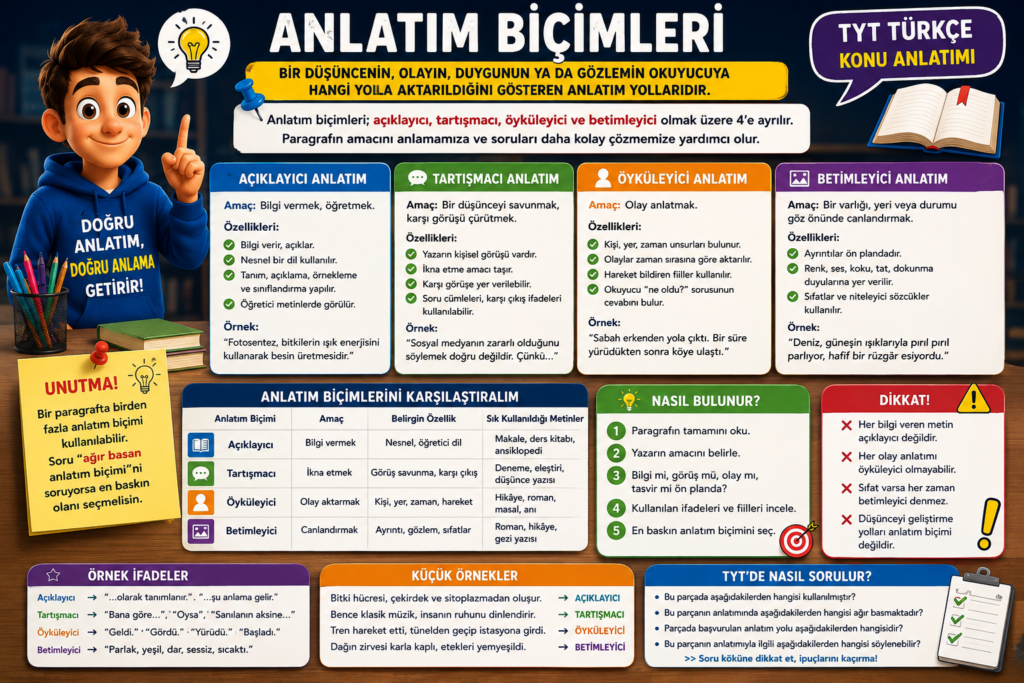 Anlatım biçimleri konu anlatımı, açıklayıcı anlatım, tartışmacı anlatım, öyküleyici anlatım, betimleyici anlatım ve TYT Türkçe örnekleri