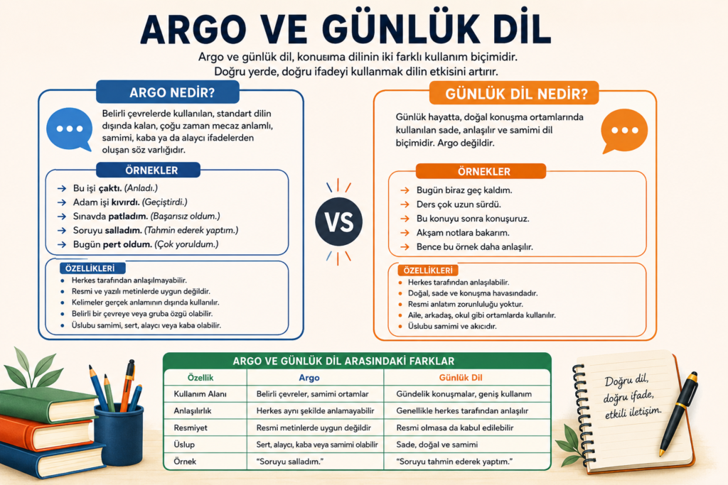 Argo ve günlük dil arasındaki farkları gösteren konu anlatımı görseli, örnekler ve TYT Türkçe açıklamaları