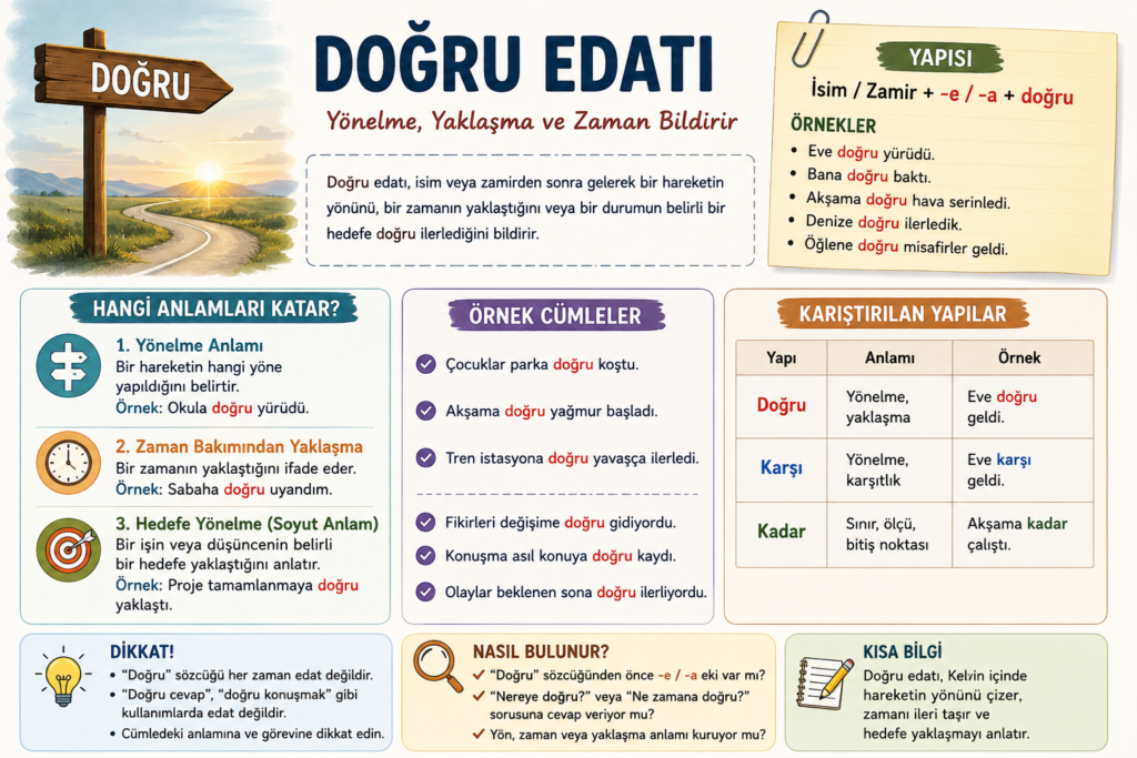 Doğru edatı konu anlatımı, cümledeki kullanımı, anlamları ve örnek cümleleri