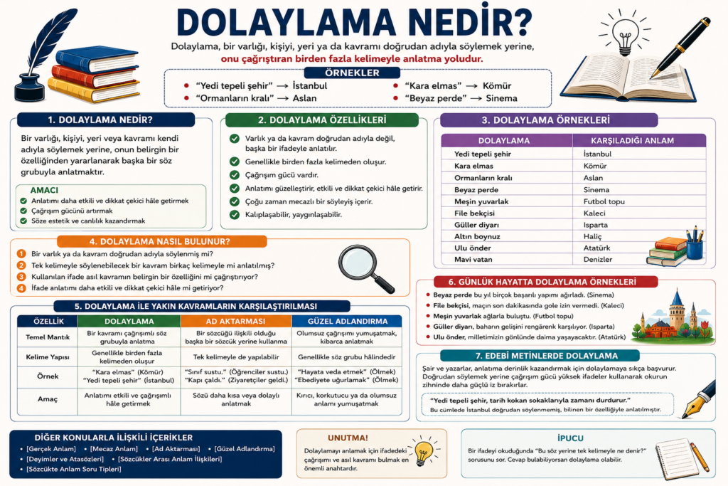 Dolaylama nedir, dolaylama örnekleri, dolaylama özellikleri ve TYT Türkçe konu anlatımını açıklayan eğitim infografiği