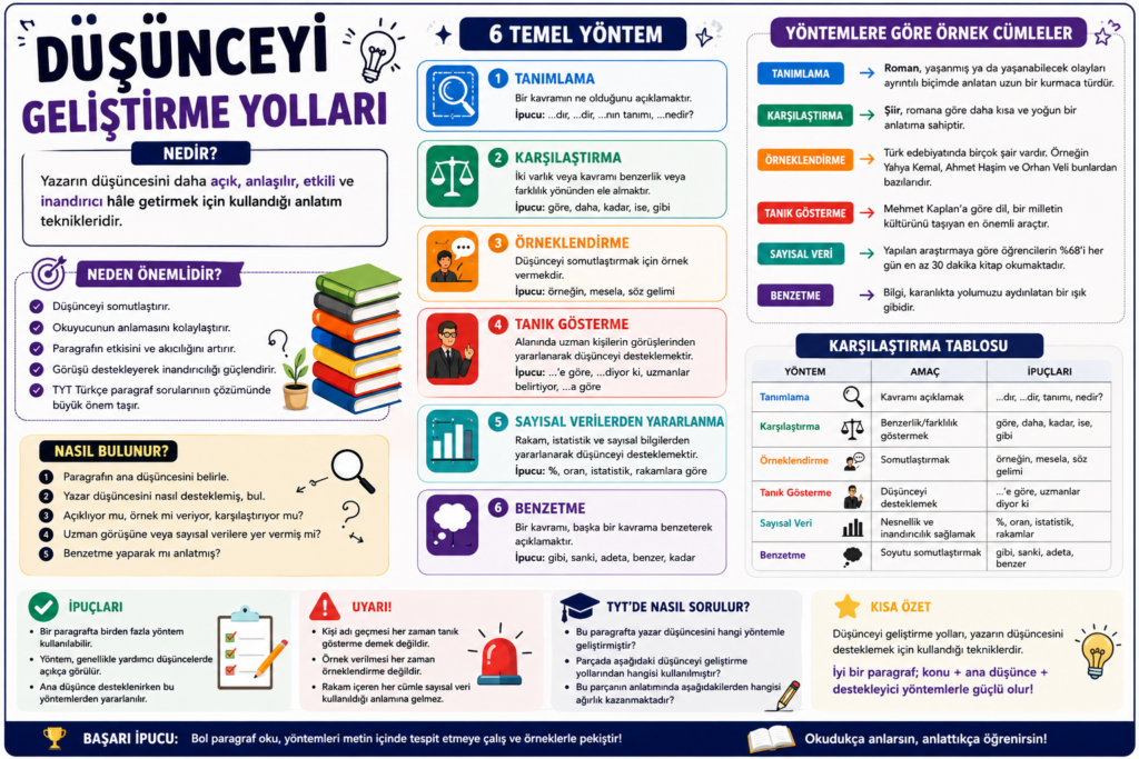 Düşünceyi geliştirme yolları konu anlatımı, tanımlama, karşılaştırma, örneklendirme, tanık gösterme, sayısal veriler ve benzetme örnekleri