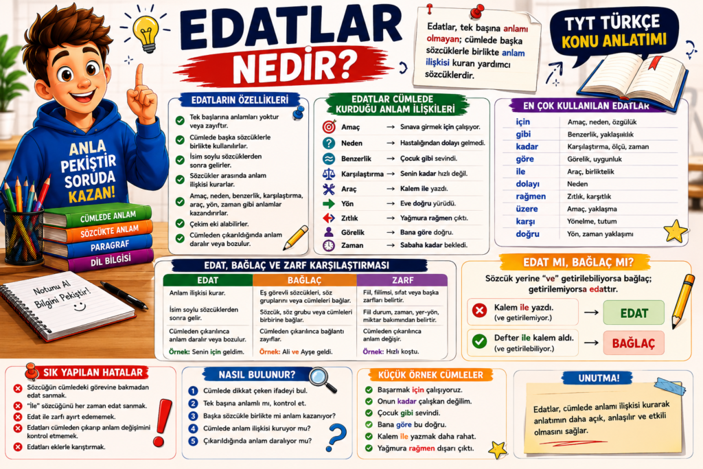 Edatlar nedir? Edatların özellikleri, cümledeki görevleri ve örnekleri