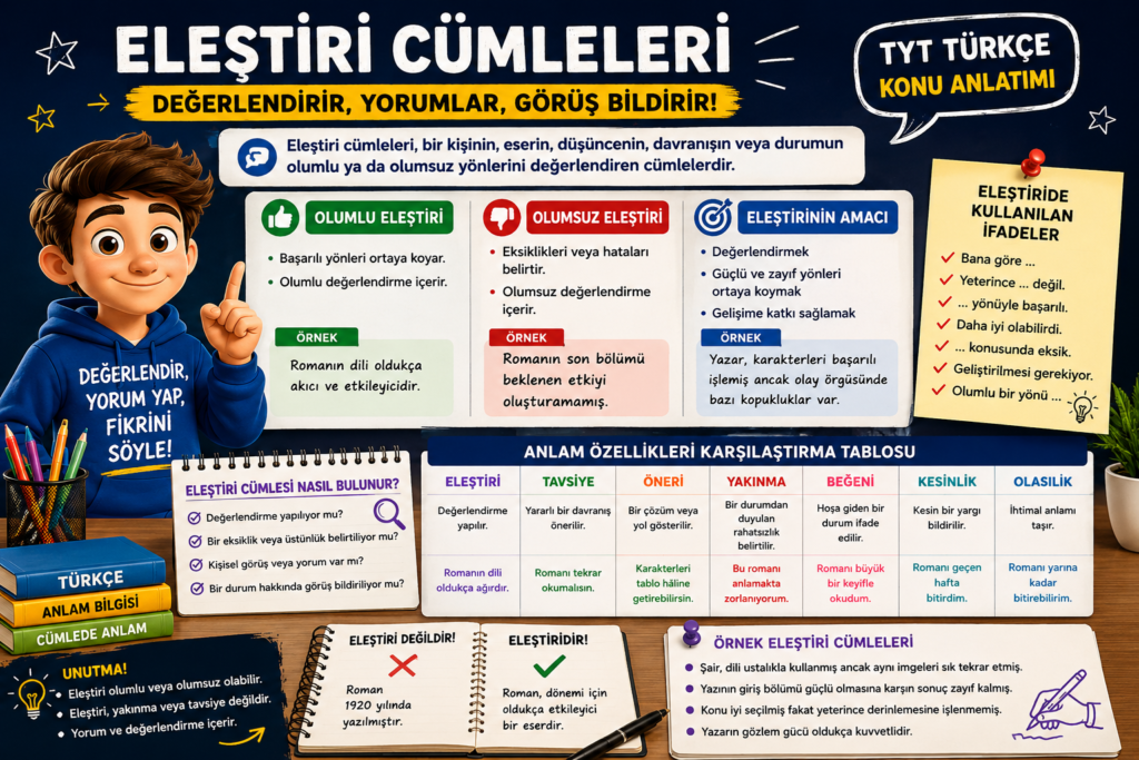 Eleştiri cümleleri konu anlatımı, olumlu ve olumsuz eleştiri örnekleri, özellikleri ve TYT Türkçe karşılaştırma tablosu