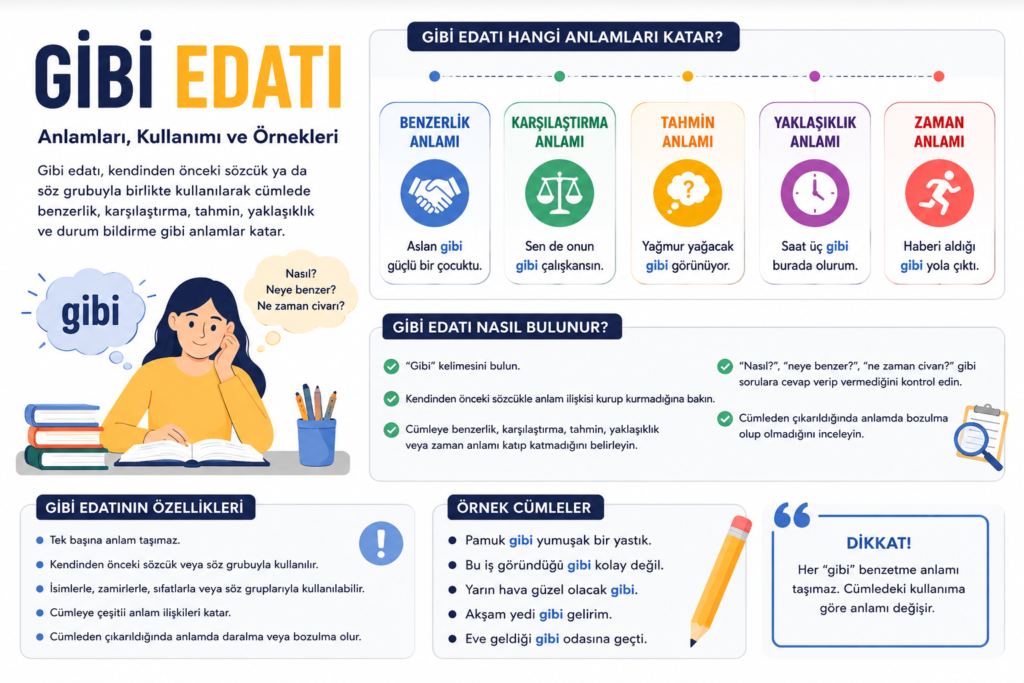 Gibi edatı nedir? Benzerlik, karşılaştırma, tahmin, yaklaşıklık ve zaman anlamlarını örneklerle gösteren infografik.