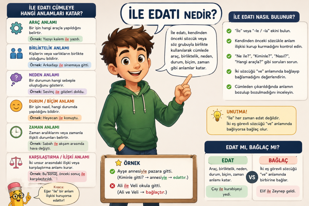 İle edatı konu anlatımı, cümledeki görevleri, özellikleri, kullanım alanları ve örneklerini gösteren öğretici infografik.