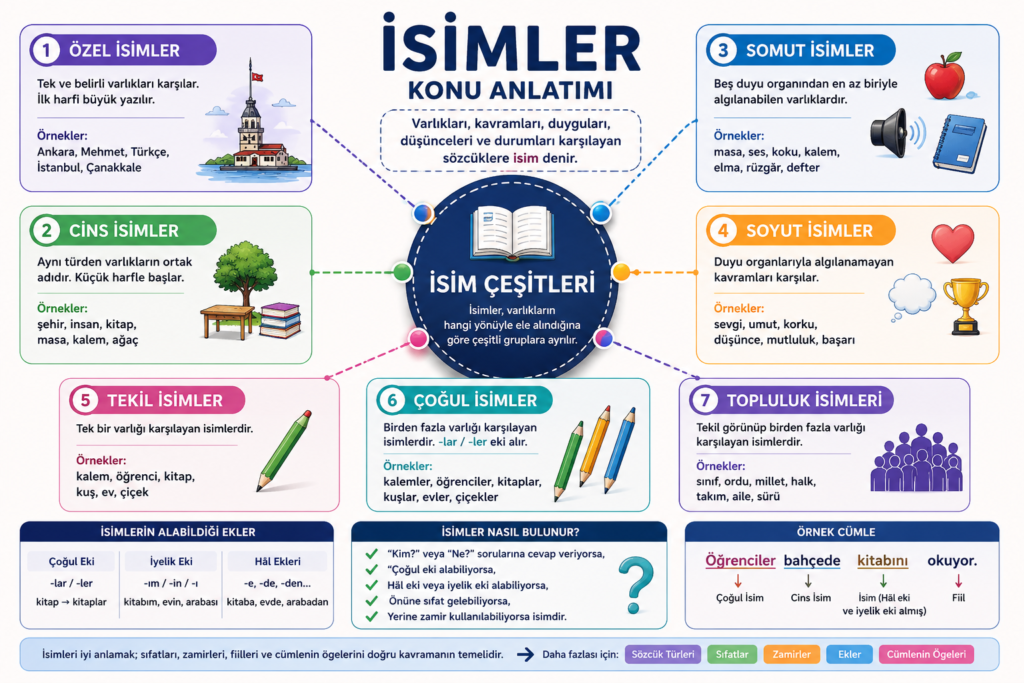 İsimler nedir? Özel isim, cins isim, somut isim, soyut isim ve isim çeşitlerini gösteren infografik