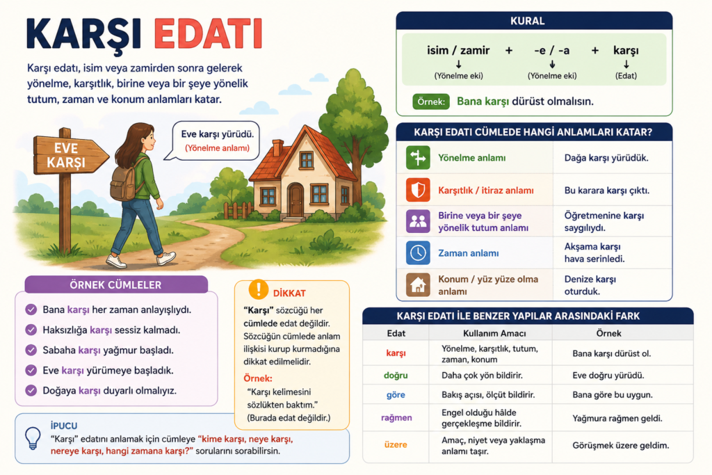 Karşı edatının cümledeki kullanımı ve anlamlarını gösteren görsel