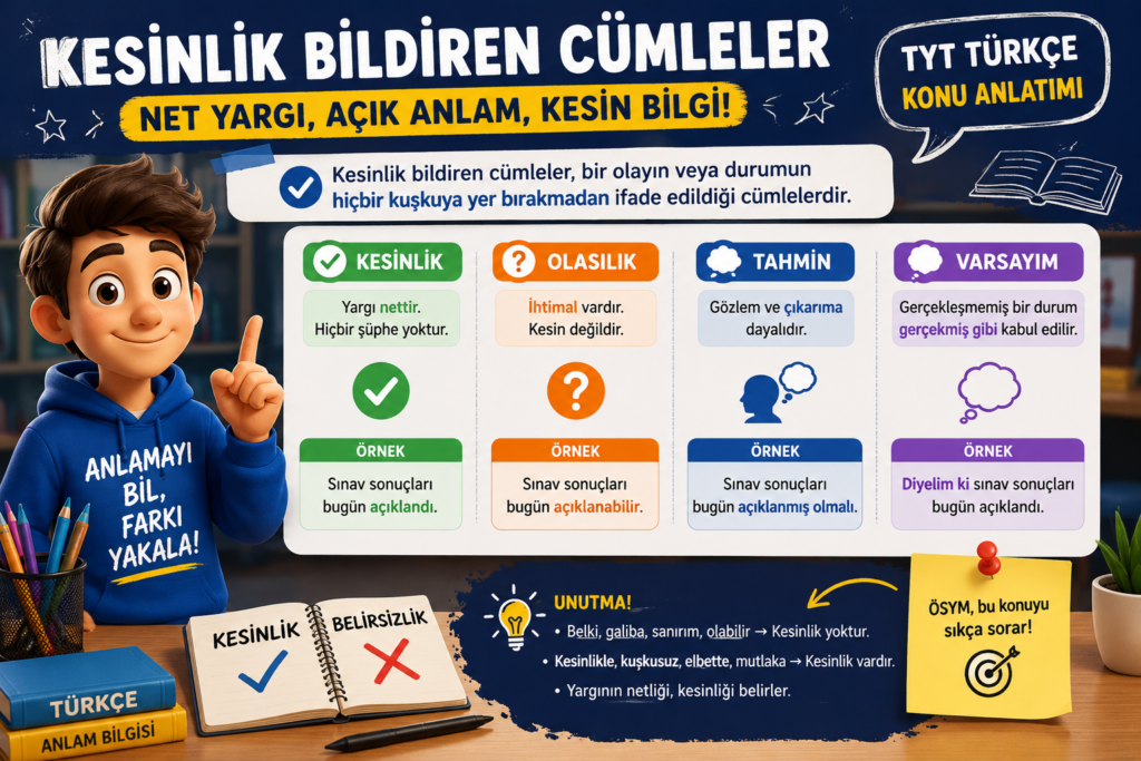 Kesinlik bildiren cümleler konu anlatımı, özellikleri, örnekleri ve olasılık-tahmin-varsayım karşılaştırması