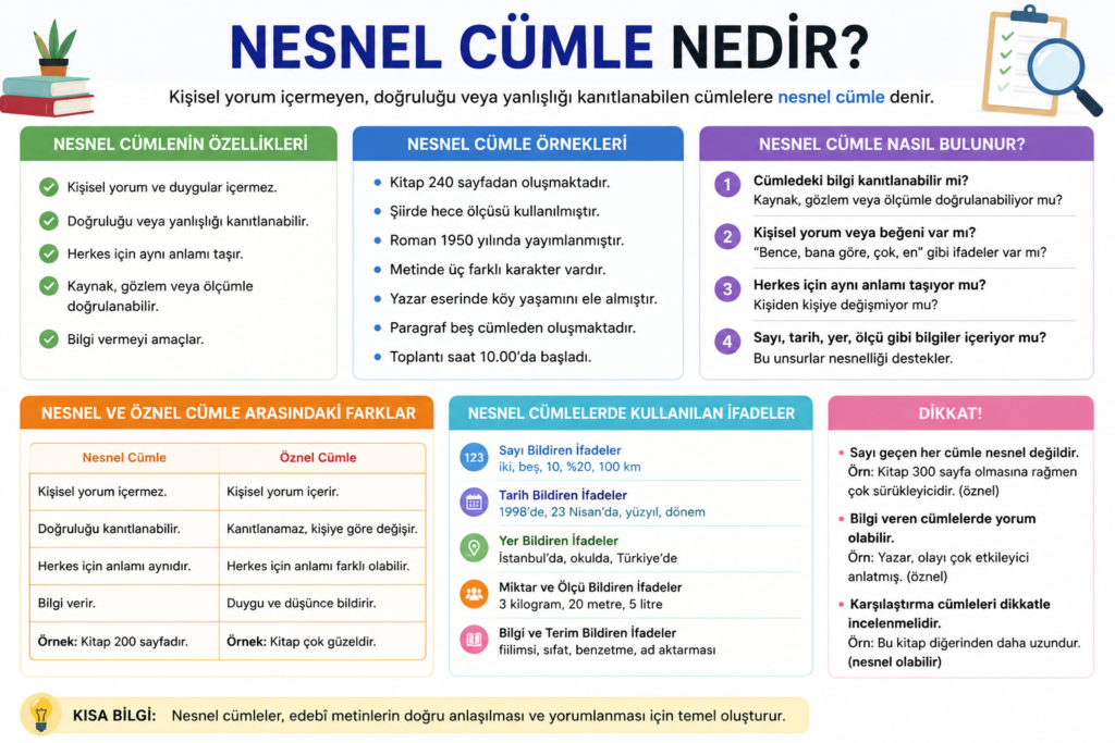 Nesnel cümle nedir, nesnel cümle örnekleri, nesnel yargı ve öznel cümle ile farklarını gösteren eğitim infografiği
