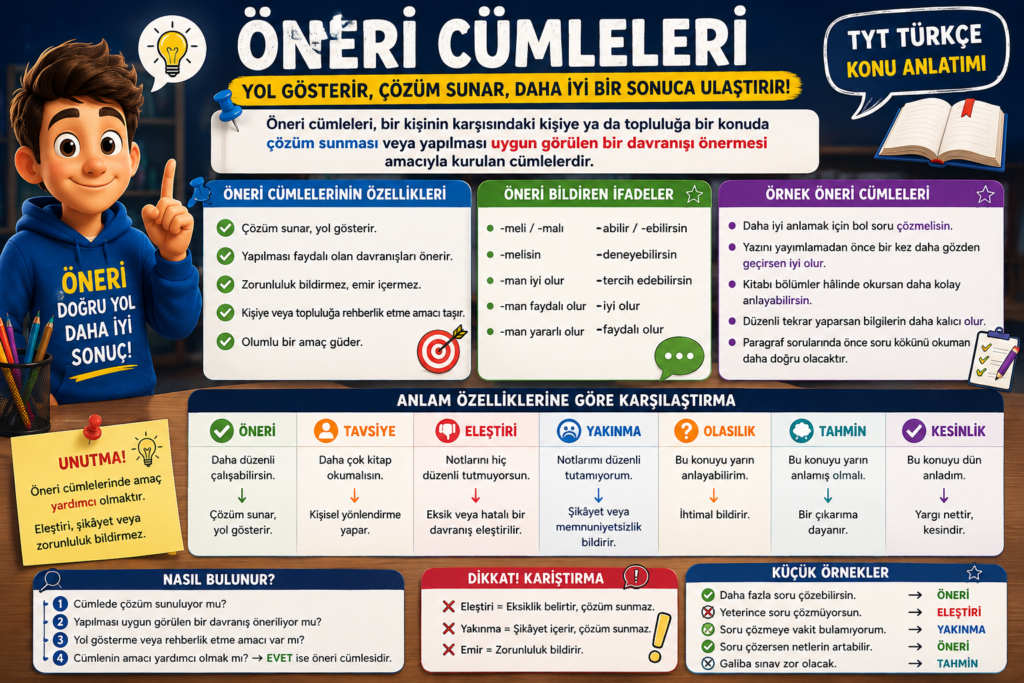 Öneri cümleleri konu anlatımı, özellikleri, örnekleri, tavsiye ve eleştiri cümleleri arasındaki farklar
