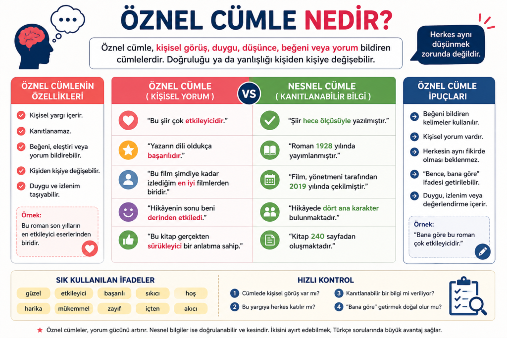 Öznel cümle nedir, nasıl bulunur? Öznel cümle örnekleri, öznel yargılar ve nesnel cümlelerle karşılaştırma tablosu.