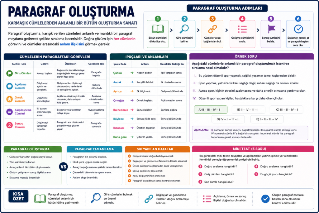 Paragraf oluşturma konu anlatımı, paragraf oluşturma soruları, giriş gelişme sonuç bölümleri ve TYT Türkçe çözüm teknikleri