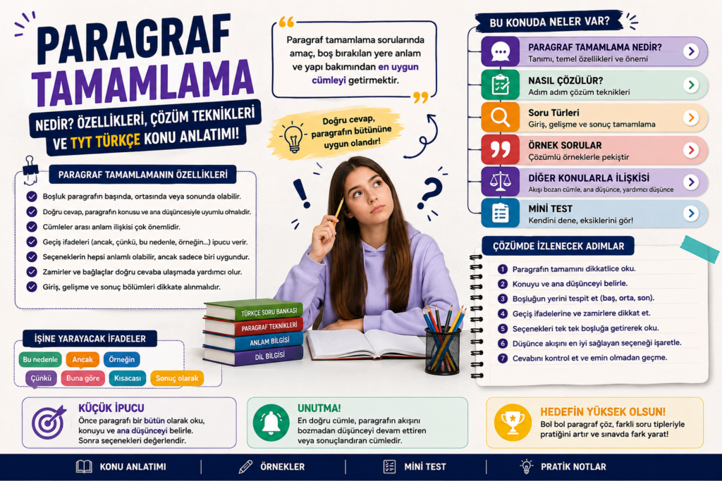 Paragraf tamamlama konu anlatımı, çözüm teknikleri ve TYT Türkçe örnekleri