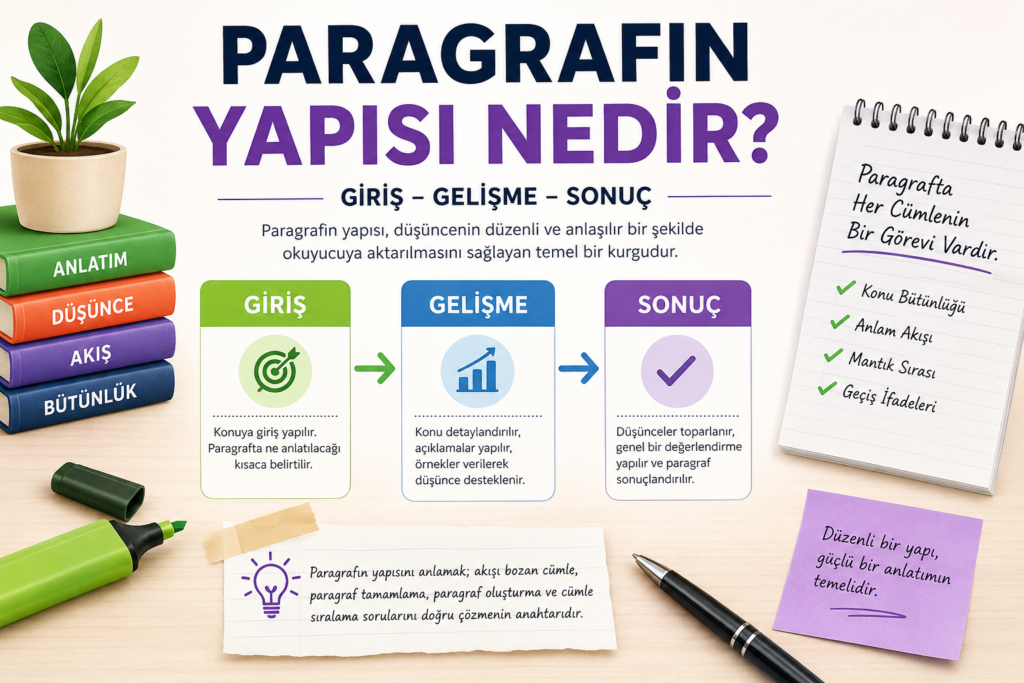 Paragrafın yapısı nedir? Giriş, gelişme ve sonuç bölümlerini gösteren TYT Türkçe konu anlatımı görseli