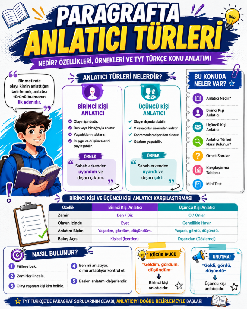 Paragrafta anlatıcı türleri konu anlatımı, birinci kişi anlatıcı, üçüncü kişi anlatıcı, karşılaştırma tablosu ve TYT Türkçe örnekleri