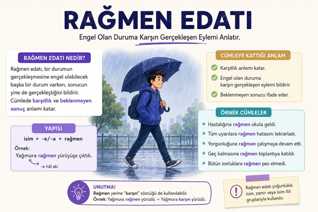 Rağmen edatı konu anlatımı, cümledeki kullanımı ve örnekleri