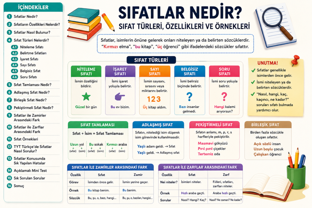 Sıfatlar nedir? Sıfat türleri, niteleme sıfatı, belirtme sıfatları, sıfat tamlaması ve örnekler