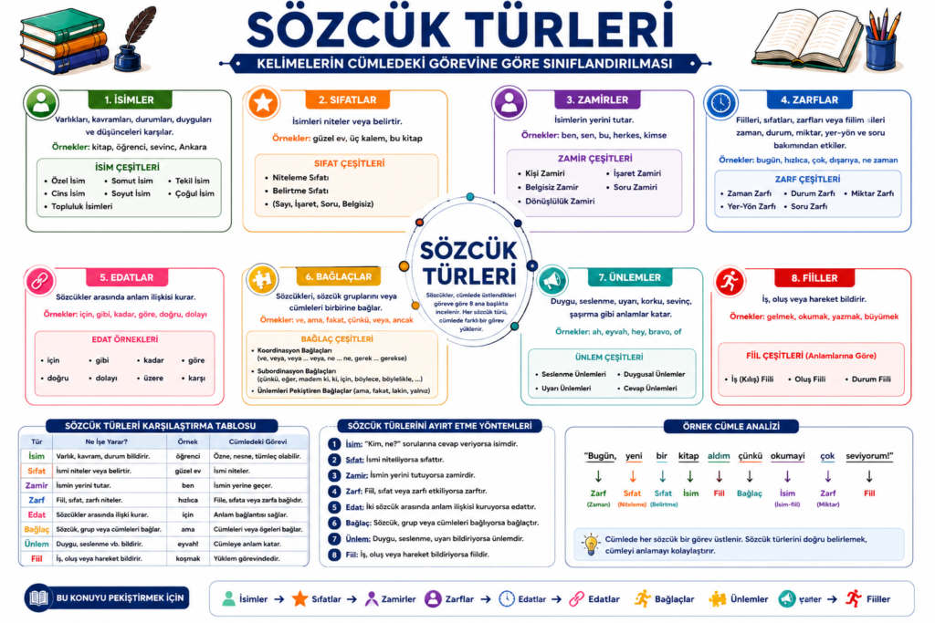 Türkçe sözcük türleri tablosu: İsim, sıfat, zamir, zarf, edat, bağlaç, ünlem ve fiil görevleri ve örnekleri.