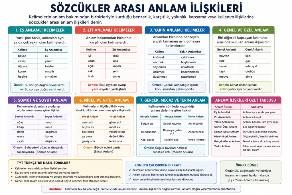 Sözcükler arası anlam ilişkileri konu anlatımı, eş anlamlı, zıt anlamlı, yakın anlamlı ve genel özel anlam örnekleri