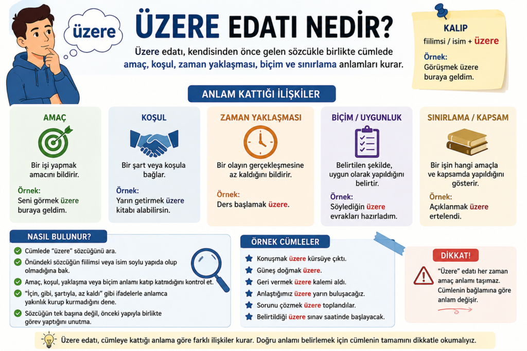 Üzere edatı konu anlatımı, cümledeki kullanımı, anlamları ve örnek cümleleri