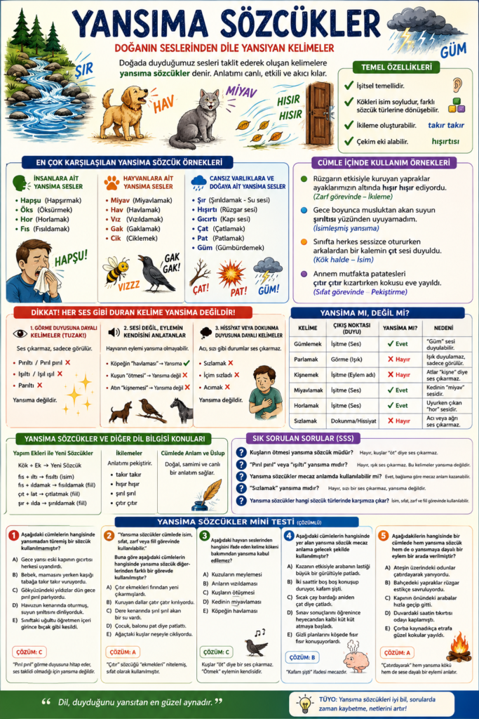 Yansıma sözcükler konu anlatımı, özellikleri, cümle örnekleri ve test soruları içeren infografik ders notu.