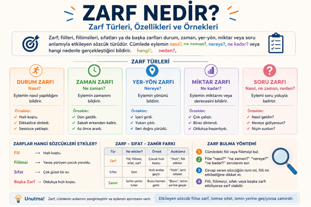 Zarf nedir? Durum, zaman, yer-yön, miktar ve soru zarflarını açıklayan zarf türleri konu anlatımı görseli