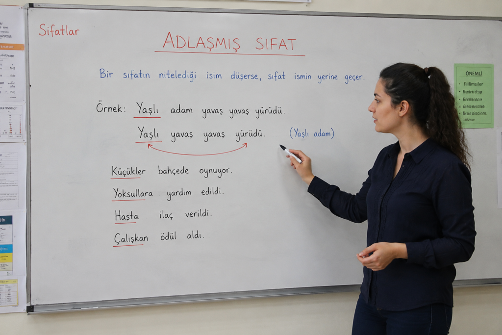 Adlaşmış sıfat örnekleri ve özelliklerini gösteren eğitim görseli