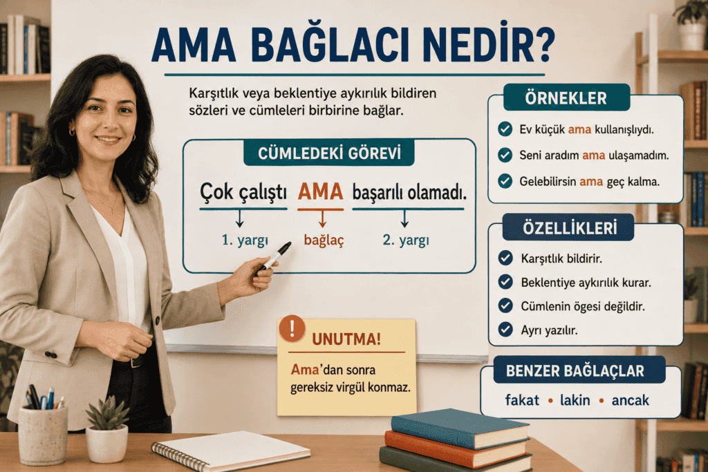 Ama bağlacının karşıtlık ve beklentiye aykırılık görevini örneklerle anlatan kadın öğretmenli konu görseli