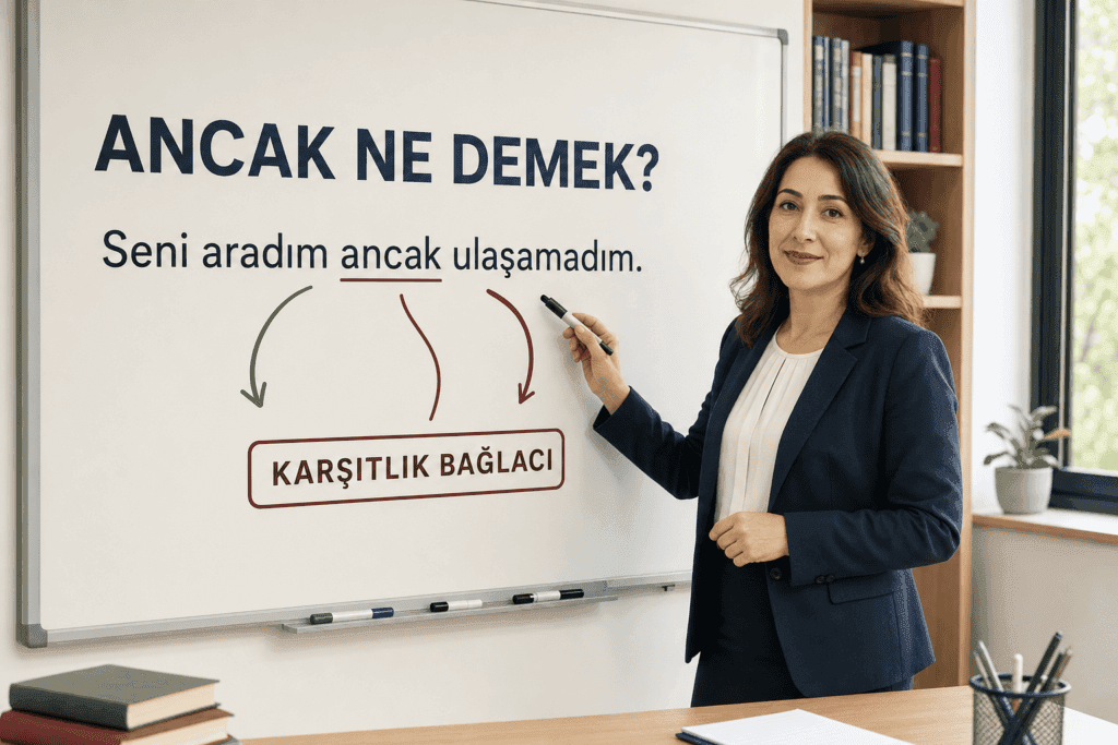 Ancak bağlacının karşıtlık görevini örnek cümleyle açıklayan kadın öğretmen