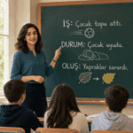 Anlamlarına göre fiilleri iş, durum ve oluş fiilleri olarak örneklerle gösteren sınıf içi konu anlatımı
