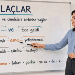 Bağlaçlar konusunu “ve”, “ama” ve “çünkü” örnekleriyle anlatan kadın öğretmen