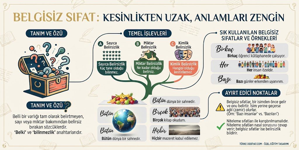 Belgisiz sıfat nedir, özellikleri nelerdir ve örnek cümleler ile konu anlatımı görseli