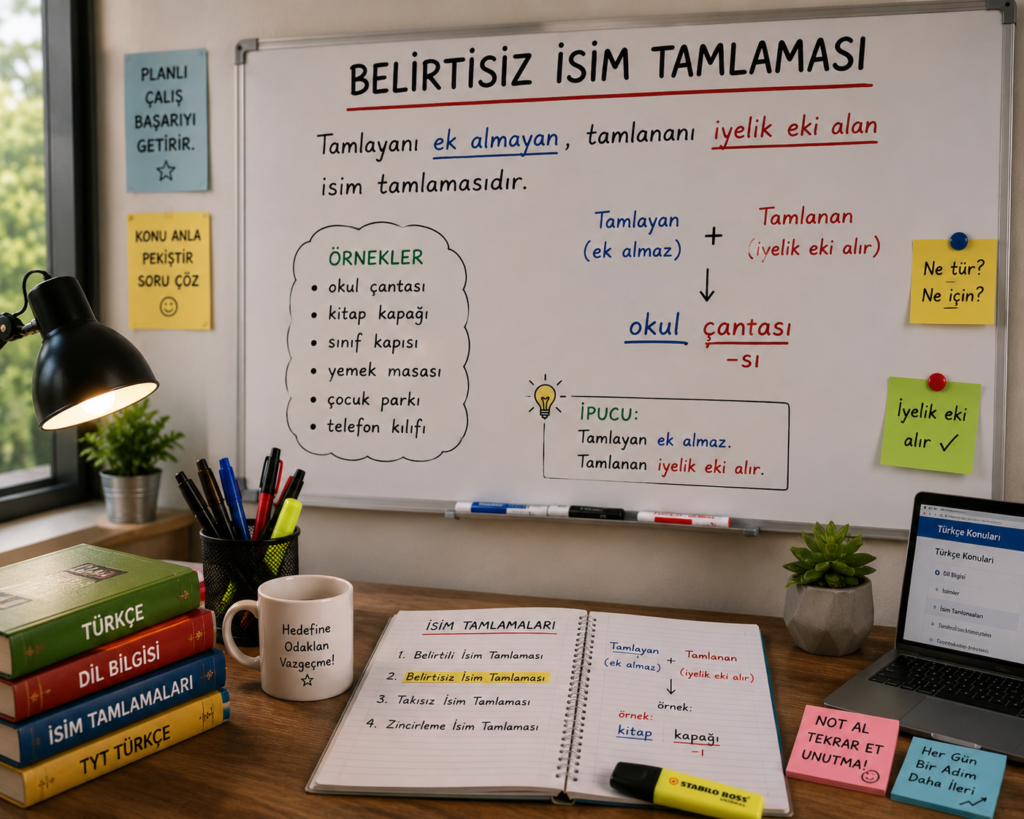 Belirtisiz isim tamlamasında tamlayanın ek almadığını ve tamlananın iyelik eki aldığını gösteren konu anlatım görseli.