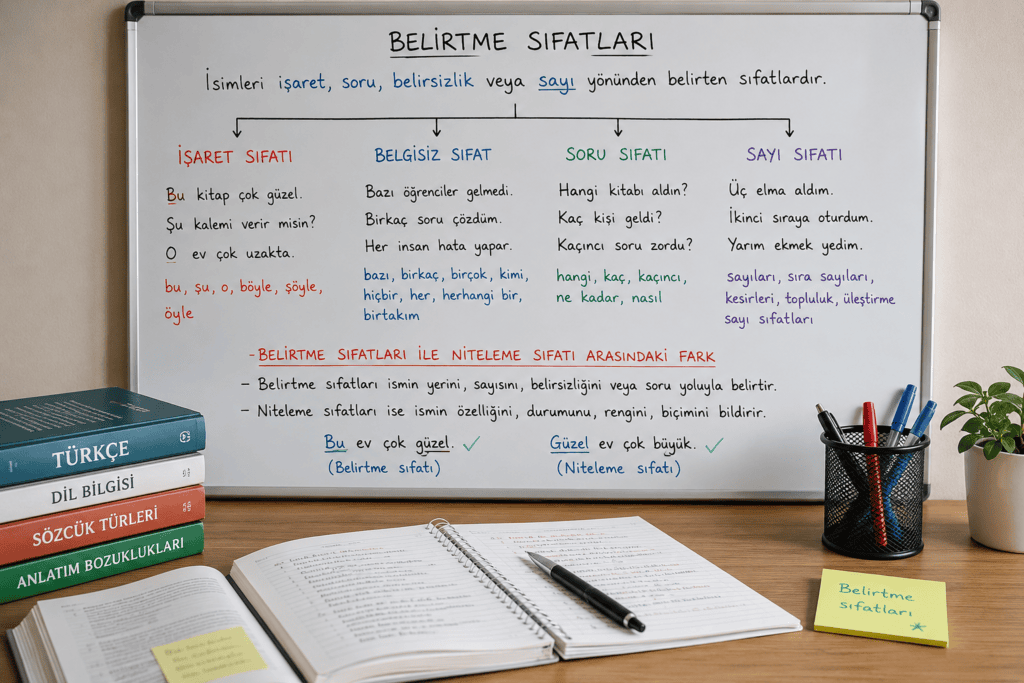 Belirtme sıfatları konusunu anlatan, işaret sıfatı, belgisiz sıfat, soru sıfatı ve sayı sıfatı örneklerini gösteren eğitim görseli.
