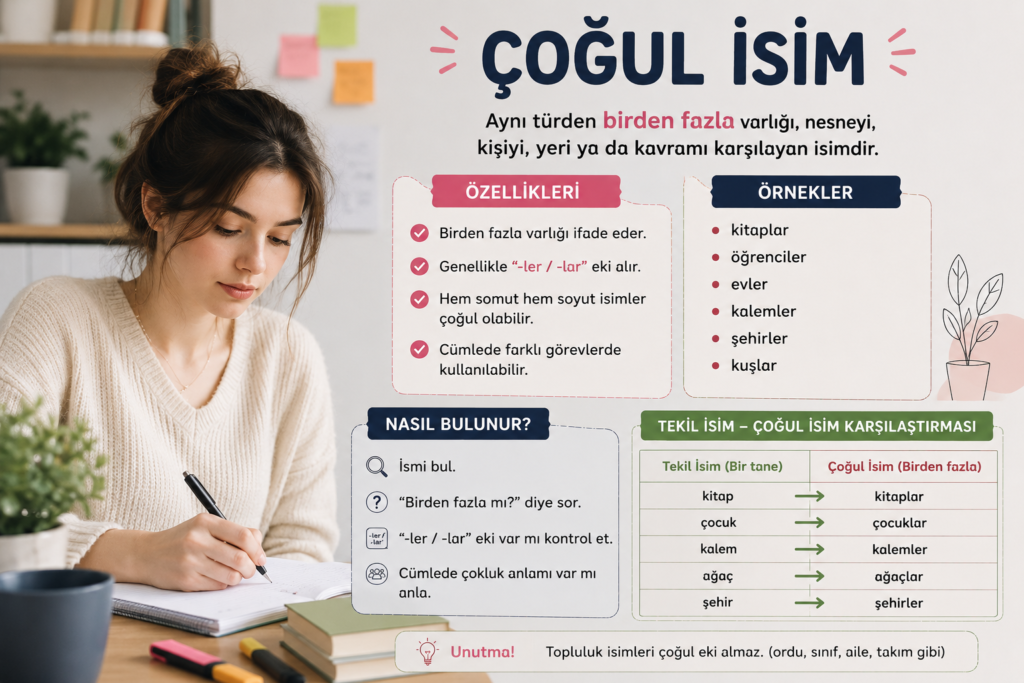 Çoğul isim nedir? Özellikleri ve örneklerini gösteren eğitim görseli