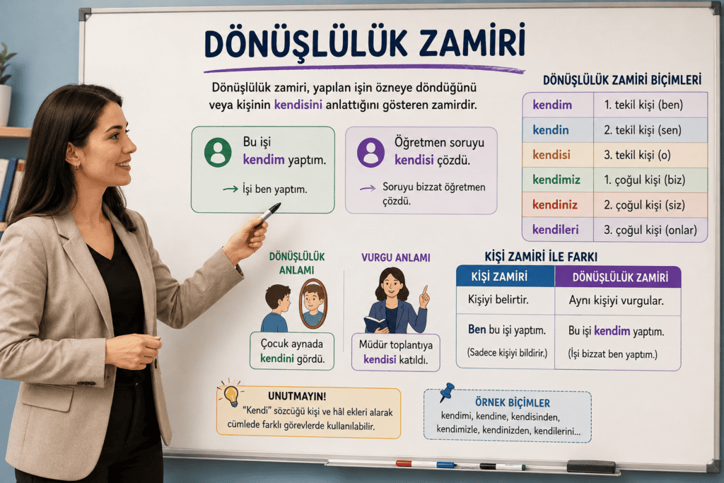 Dönüşlülük zamiri konu anlatımı yapan öğretmen ve dönüşlülük zamiri örnekleri