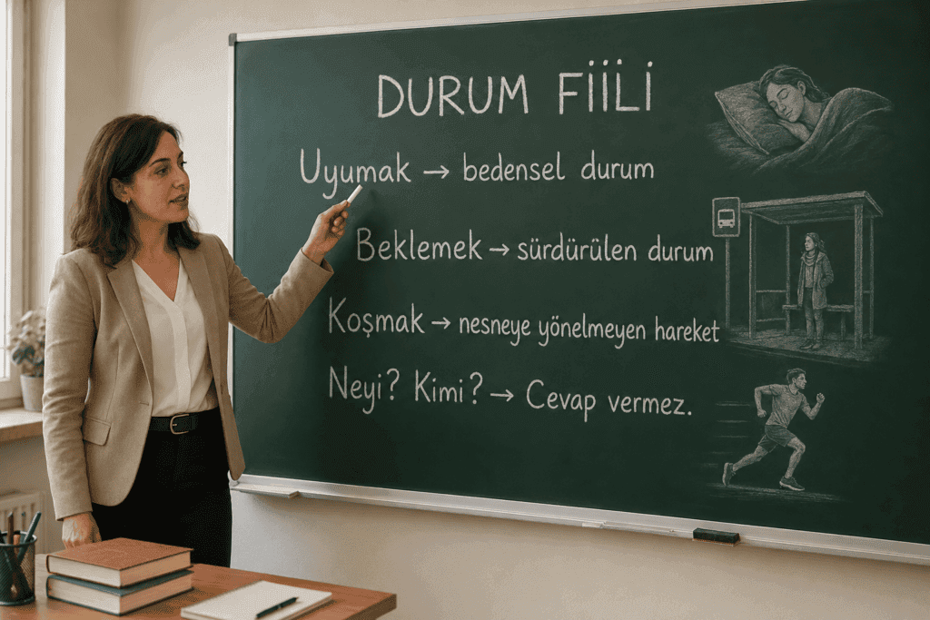 Durum fiili nedir konusunu uyumak, beklemek ve koşmak örnekleriyle açıklayan sınıf görseli