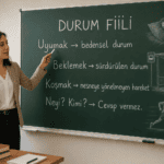 Durum fiili nedir konusunu uyumak, beklemek ve koşmak örnekleriyle açıklayan sınıf görseli
